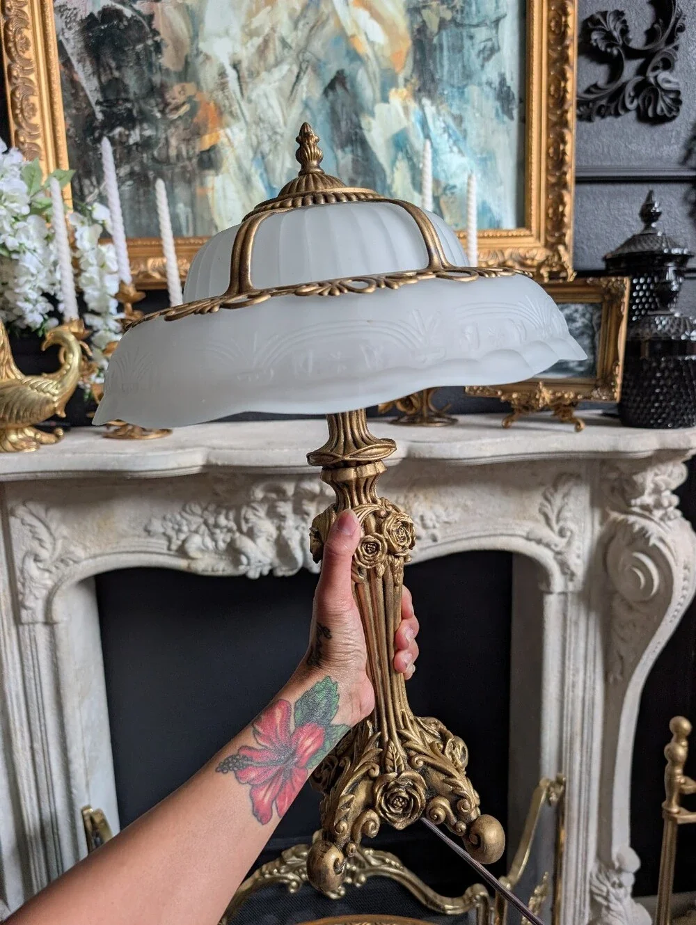 Vintage Cheyenne Art Nouveau-Style Glass Ornate slag shape frosted lampshade